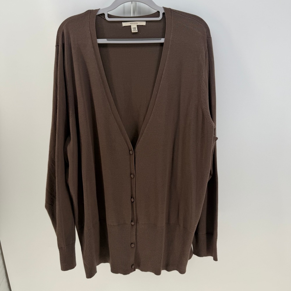 Merona Cardigan Women 28W/30W Brown Button Front V-Neck Knit Business Minimalist